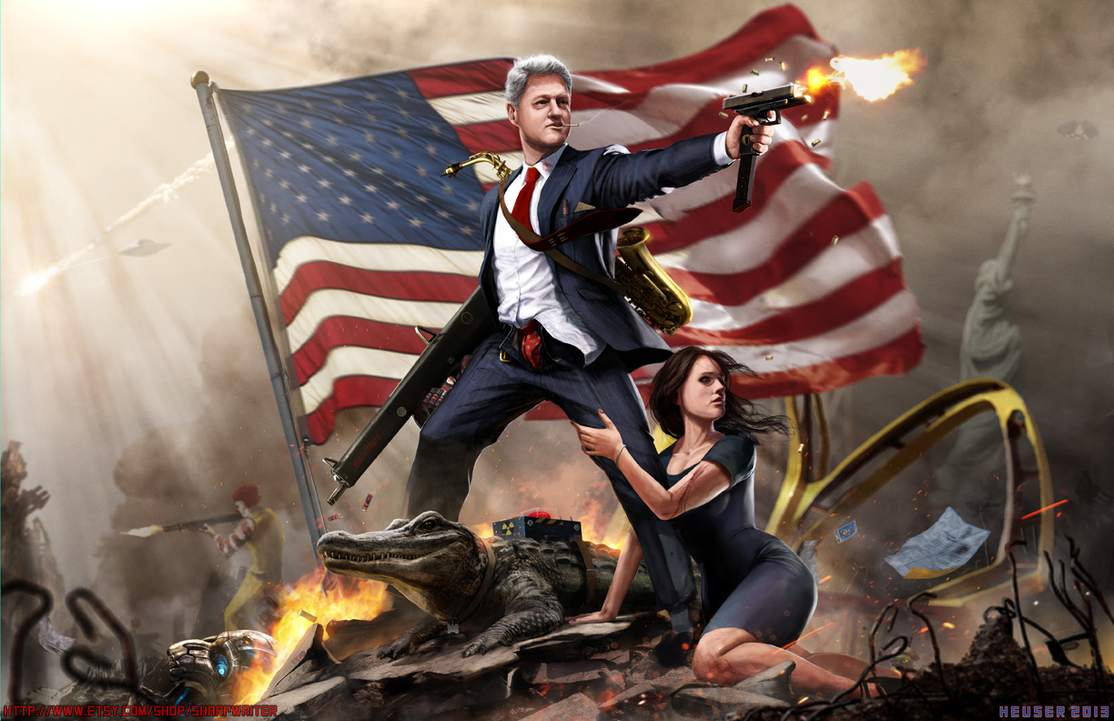 Bill Clinton in combat with Monica Lewinski at his feet